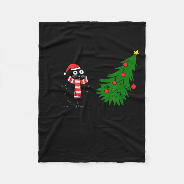 Funny Black Cat Gift Pushing Christmas Tree Over C Fleece Blanket (Front)