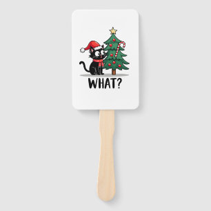 Funny Black Cat Gift Pushing Christmas Tree Over C Hand Fan