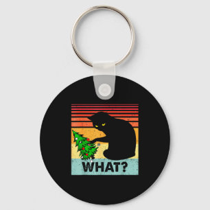 Funny Black Cat Gift Pushing Christmas Tree Over C Keychain