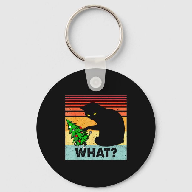 Funny Black Cat Gift Pushing Christmas Tree Over C Keychain (Front)