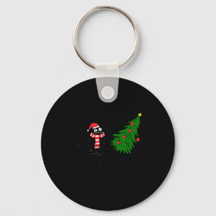 Funny Black Cat Gift Pushing Christmas Tree Over C Keychain