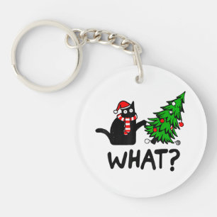Funny Black Cat Gift Pushing Christmas Tree Over C Keychain