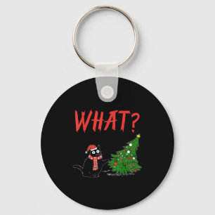 Funny Black Cat Gift Pushing Christmas Tree Over C Keychain