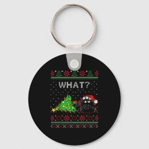 Funny Black Cat Gift Pushing Christmas Tree Over C Keychain