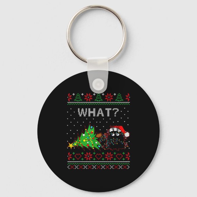 Funny Black Cat Gift Pushing Christmas Tree Over C Keychain (Front)
