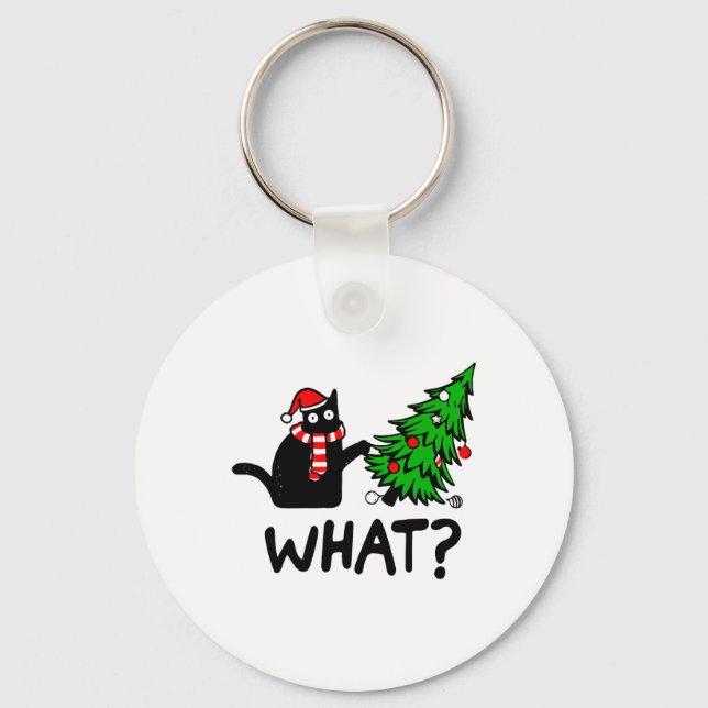 Funny Black Cat Gift Pushing Christmas Tree Over C Keychain (Front)