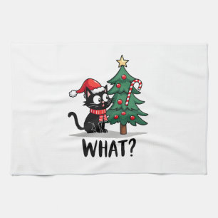 Funny Black Cat Gift Pushing Christmas Tree Over C Kitchen Towel