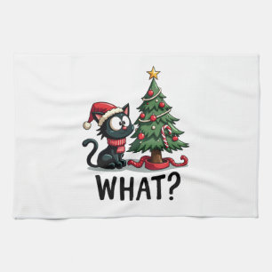 Funny Black Cat Gift Pushing Christmas Tree Over C Kitchen Towel