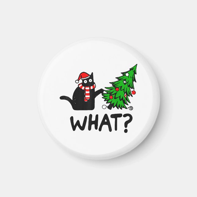 Funny Black Cat Gift Pushing Christmas Tree Over C Magnet (Front)