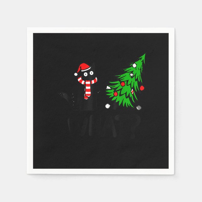 Funny Black Cat Gift Pushing Christmas Tree Over C Napkin (Front)