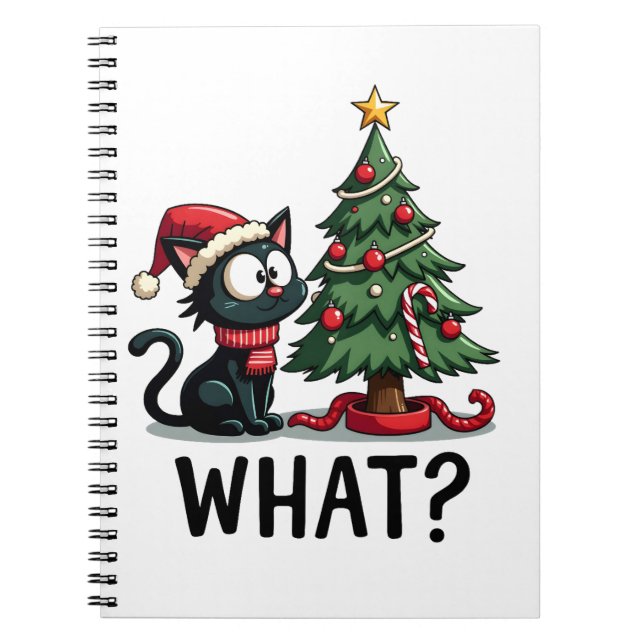 Funny Black Cat Gift Pushing Christmas Tree Over C Notebook (Front)