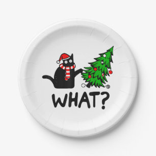 Funny Black Cat Gift Pushing Christmas Tree Over C Paper Plate