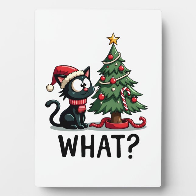 Funny Black Cat Gift Pushing Christmas Tree Over C Plaque (Front)