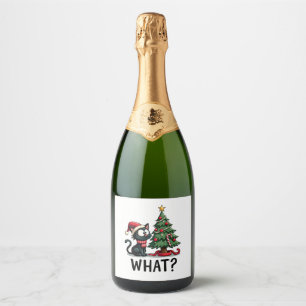 Funny Black Cat Gift Pushing Christmas Tree Over C Sparkling Wine Label