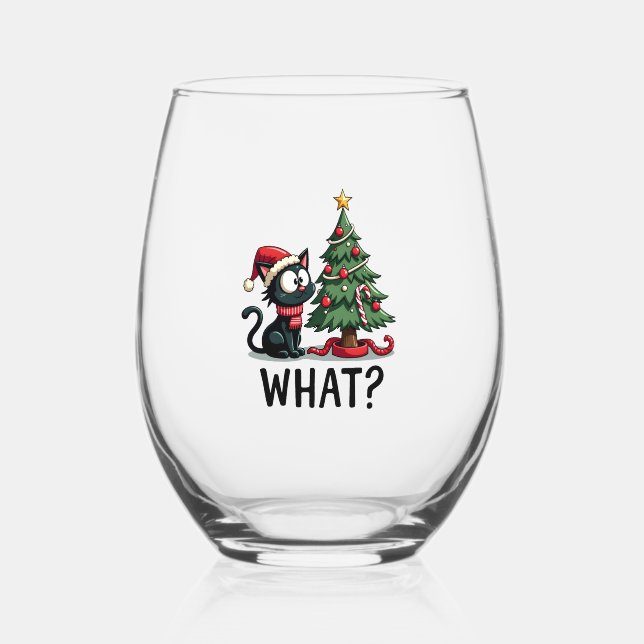 Funny Black Cat Gift Pushing Christmas Tree Over C Stemless Wine Glass (Front)