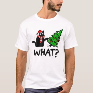 Funny Black Cat Gift Pushing Christmas Tree Over C T-Shirt