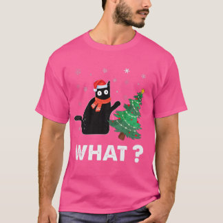 Funny black cat gift pushing Christmas tree over c T-Shirt