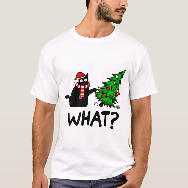 Funny Black Cat Gift Pushing Christmas Tree Over C T-Shirt (Front)