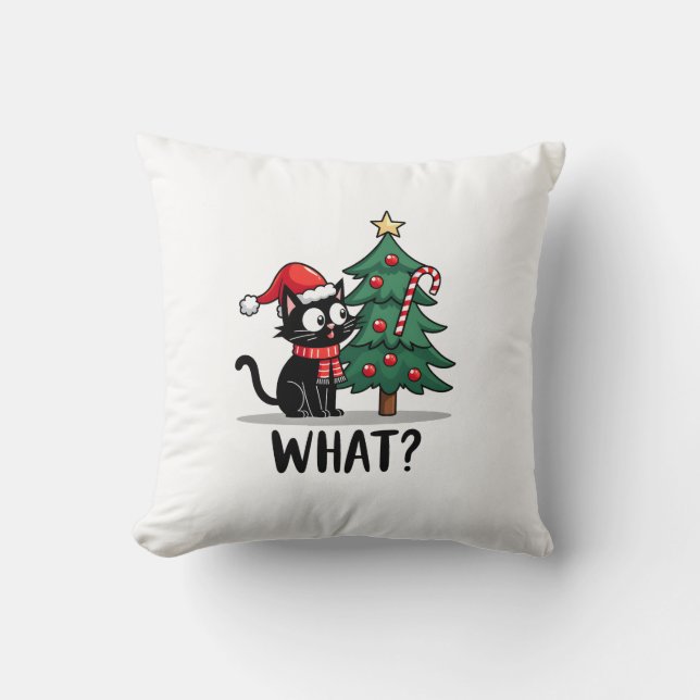 Funny Black Cat Gift Pushing Christmas Tree Over C Throw Pillow (Front)