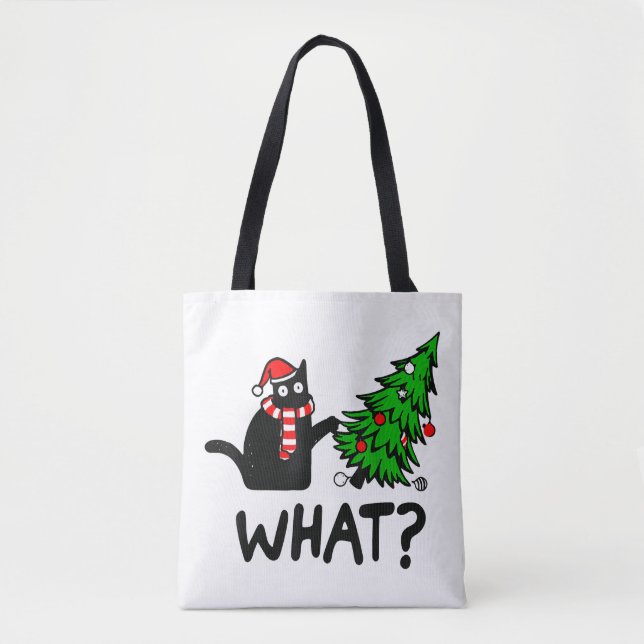 Funny Black Cat Gift Pushing Christmas Tree Over C Tote Bag (Front)
