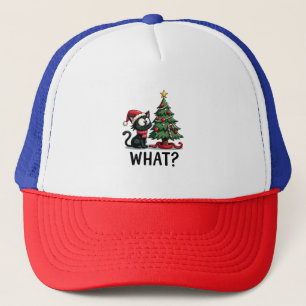 Funny Black Cat Gift Pushing Christmas Tree Over C Trucker Hat