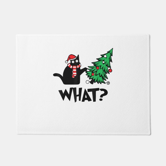Funny Black Cat Gifts Pushing Christmas Tree Over  Doormat (Front)