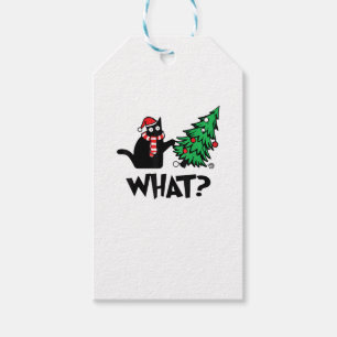 Funny Black Cat Gifts Pushing Christmas Tree Over Gift Tags