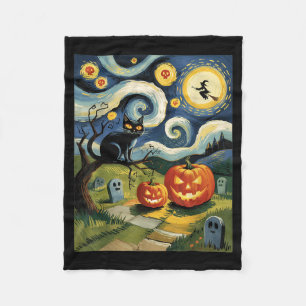 Funny Black Cat Halloween Starry Night Painting Fleece Blanket