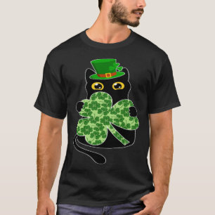 Funny Black Cat Holding Clover Shamrock St Patrick T-Shirt