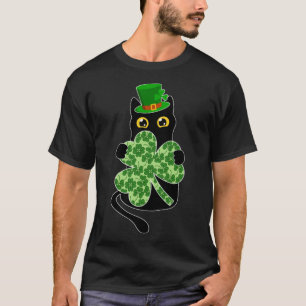 Funny Black Cat Holding Clover Shamrock St Patrick T-Shirt