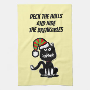Funny Black Cat Holiday Humour Festive Cat Kitchen Towel