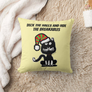 Funny Black Cat Holiday Humour Festive Cat Throw Pillow