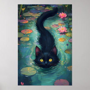 Funny Black cat is swimming  Poster