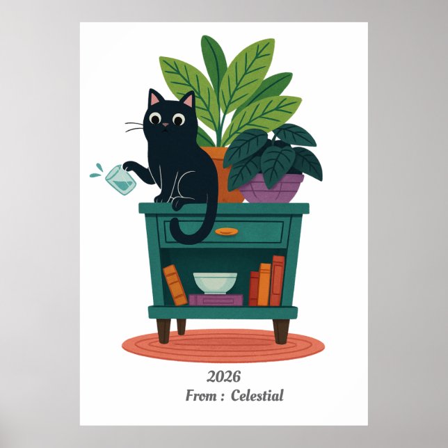 Funny Black Cat Knocking Over Glass  Poster (Front)