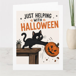 Funny Black Cat Knocking Over Pumpkin Halloween Card