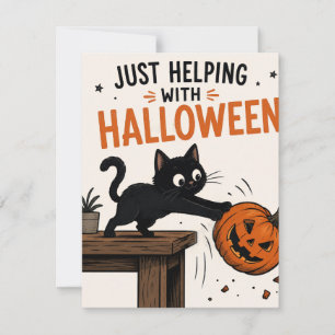 Funny Black Cat Knocking Over Pumpkin Halloween Invitation