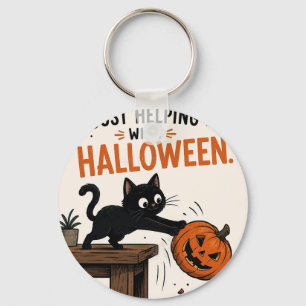 Funny Black Cat Knocking Over Pumpkin Halloween Keychain