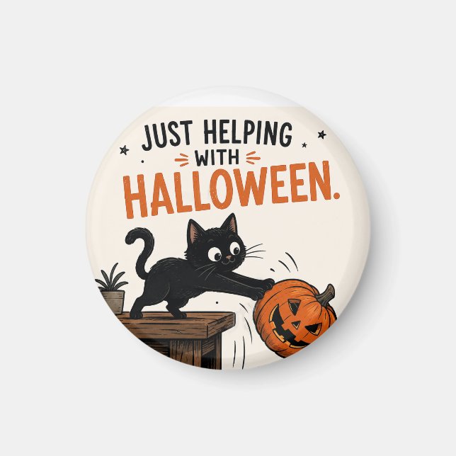 Funny Black Cat Knocking Over Pumpkin Halloween Magnet (Front)