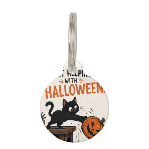Funny Black Cat Knocking Over Pumpkin Halloween Pet Tag