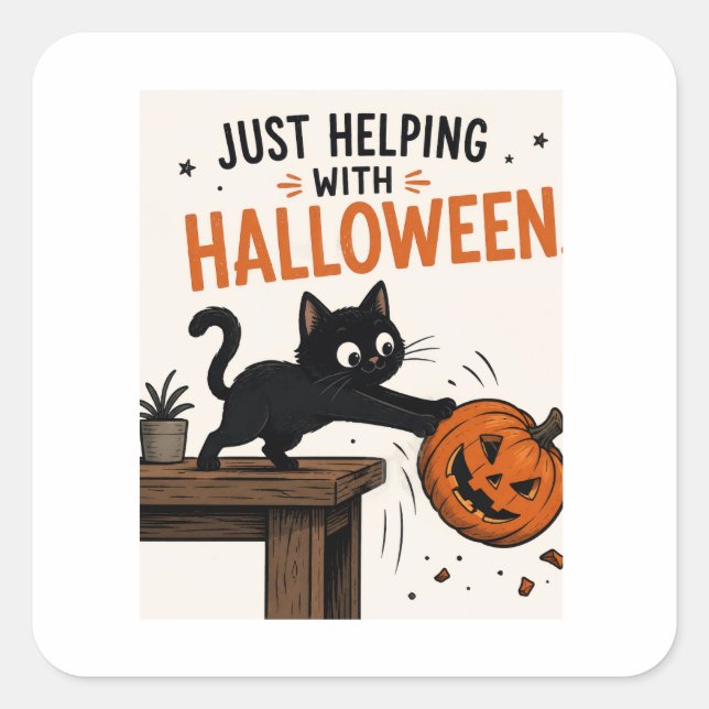 Funny Black Cat Knocking Over Pumpkin Halloween Square Sticker (Front)