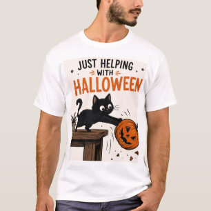 Funny Black Cat Knocking Over Pumpkin Halloween T-Shirt