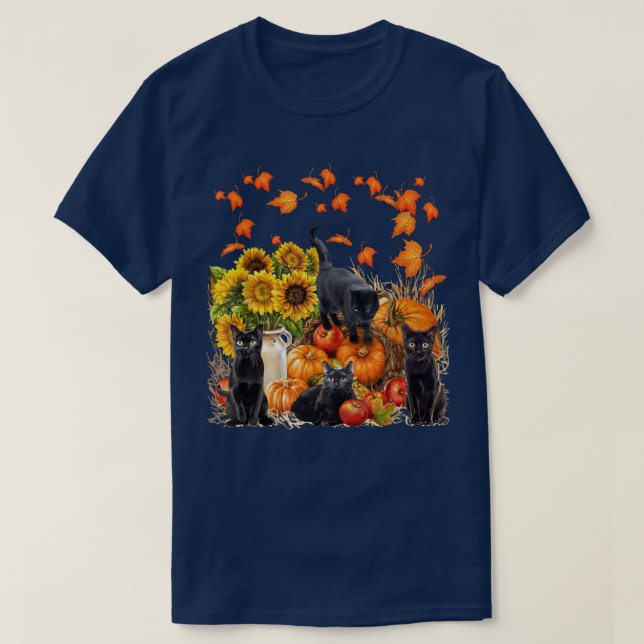 Funny Black Cat Leaf Fall Hello Autumn For Cute Ki T-Shirt (Design Front)