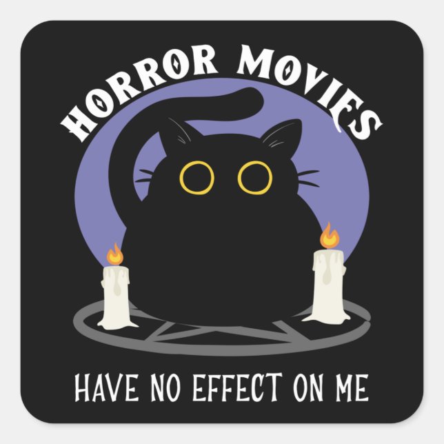 Funny Black Cat Loves Horror Movie Square Sticker (Front)
