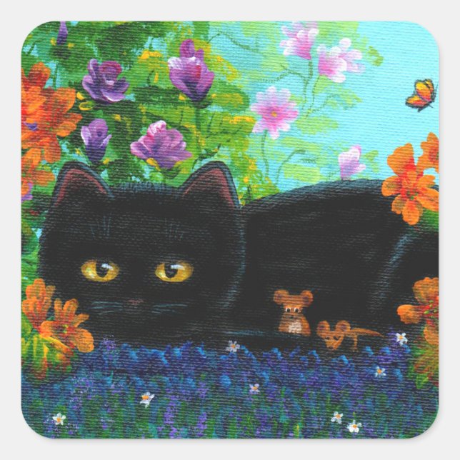 Funny Black Cat Mice Flowers Creationarts Square Sticker (Front)