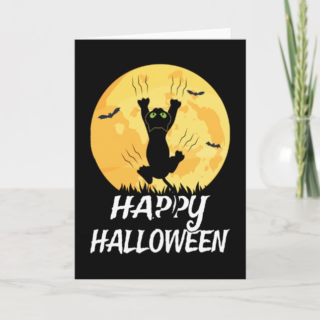 Funny Black Cat Moon Happy Halloween Card (Front)