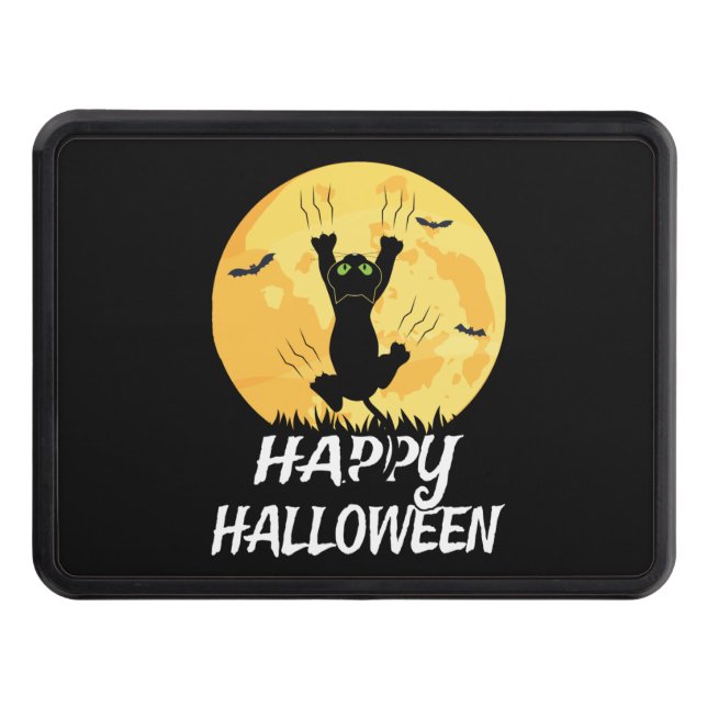 Funny Black Cat Moon Happy Halloween Trailer Hitch Cover (Front)