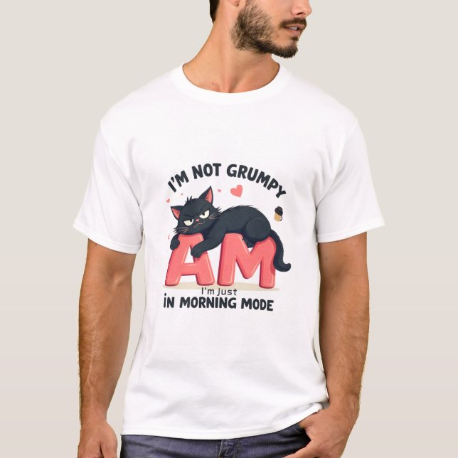 Funny Black Cat Morning Mode T-Shirt (Front)