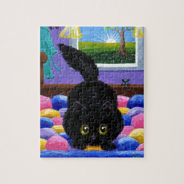 Funny Black Cat Mouse Bed Creationarts Jigsaw Puzzle (Vertical)