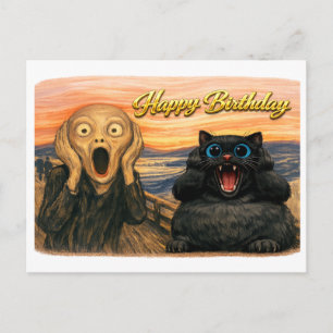 Funny Black Cat Munch Parody Scene Happy Birthday Postcard