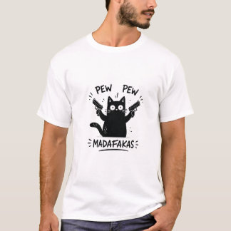 Funny Black Cat Pew Pew Design T-Shirt